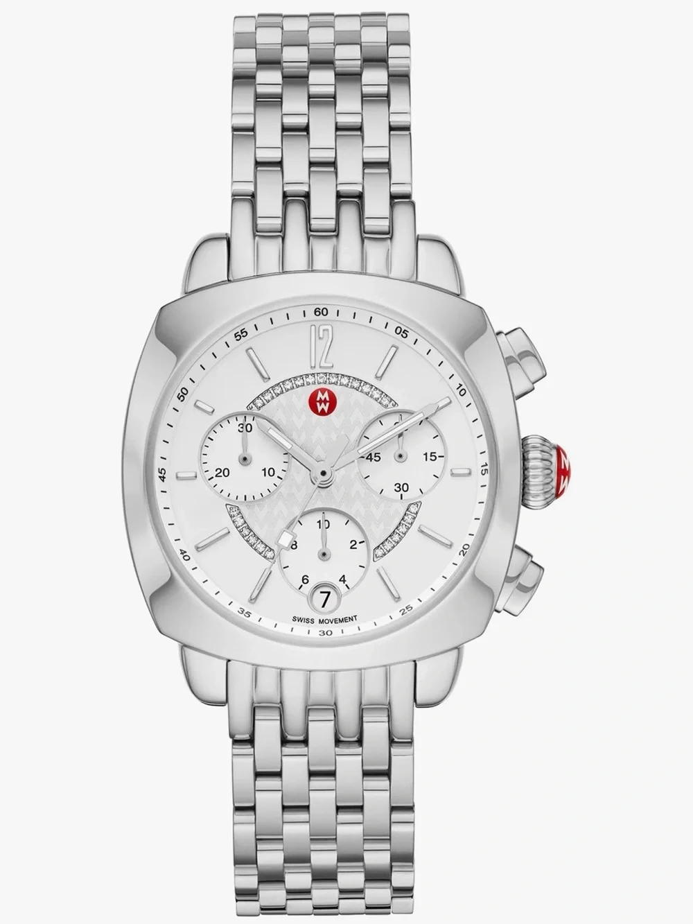 Michele Silver-Tone Stainless Steel Chronograph Watch with White Dial